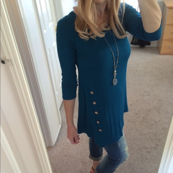 Asymmetric Side Button Tunic TEAL - Picture 4 of 7